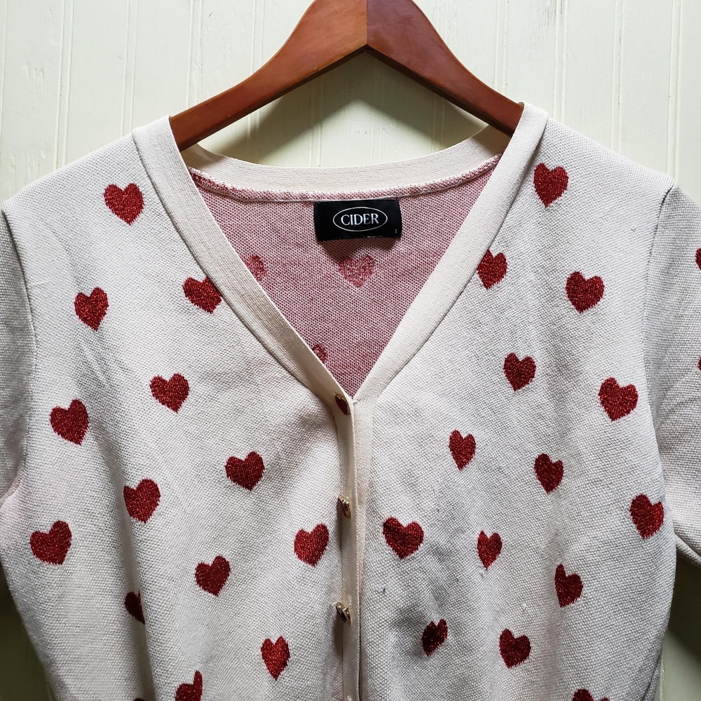 Cider Cardigan Sweater Womens Large Pink Heart V Neck Puff Sleeve Ruffle‎ Hem